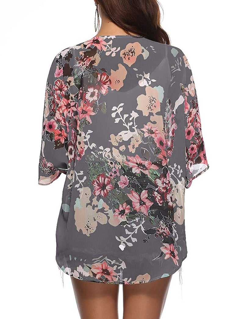 Chunoy Women Casual Summer Chiffon Kimono Cardigan Short Sleeve Beach Wear Cover Up Open Blouse Top Grey Small - Image 4